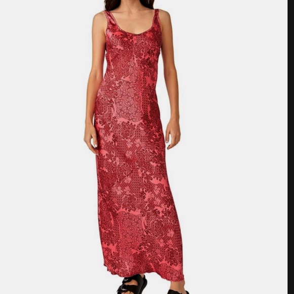 FREE PEOPLE WORTH THE WAIT BIAS CUT SLEEVELESS FLORAL MAXI DRESS LARGE RED - Picture 6 of 7